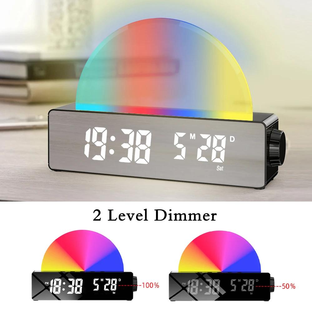 New RGB Color Changing LED Mirror Digital Desk Clock Sunrise Wake Up Light Alarm Clock for Bedroom Students