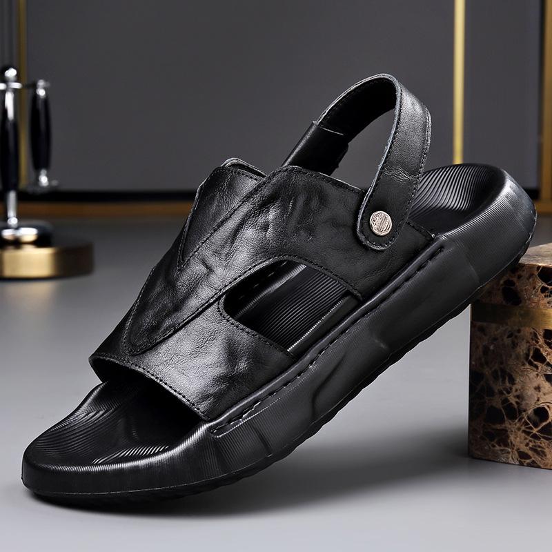 Fashion Genuine Leather Sandals for Men 2005 Summer New Designer Dual-use Black Slipper Shoes Male Fashion Casual Light Beach Shoes Man