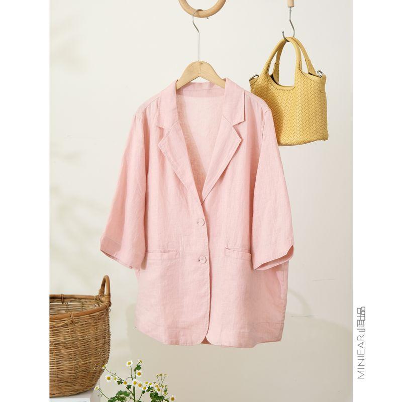 

Xiao Er Produced [Heavy Industry Salt Shrinkage Process/Combed Linen Fabric] Refreshing Plaid Pocket Casual Suit Jacket Pink One size