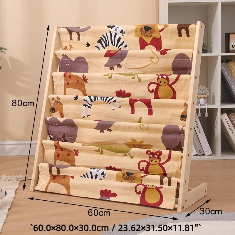 Solid Wood Kids Sling Bookshelf With Canvas Pockets And Large Capacity Perfect For Nursery Playroom Bedroom