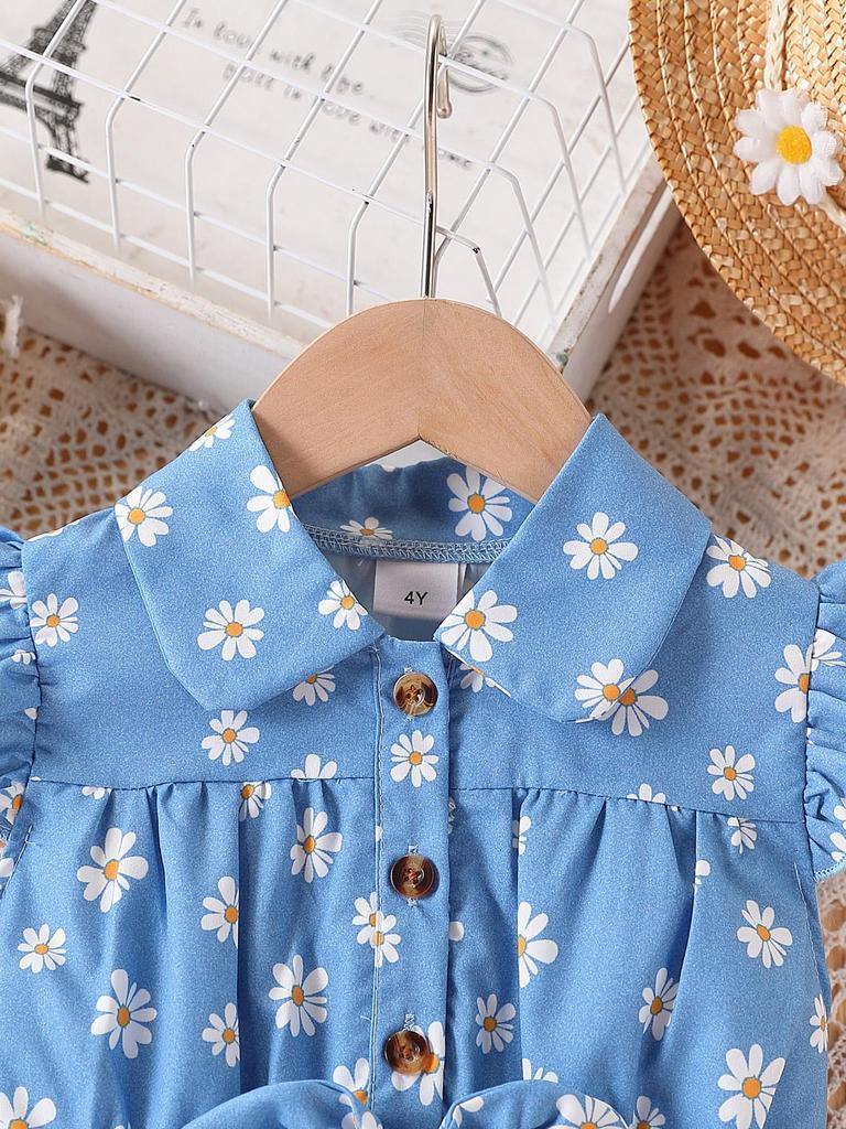 Little Girl Summer Outfit 1-8Y Baby Blue Daisy Print Dress Cottagecore Style Square Neck Smocked Waist Kids Clothes Summer Daily Wear
