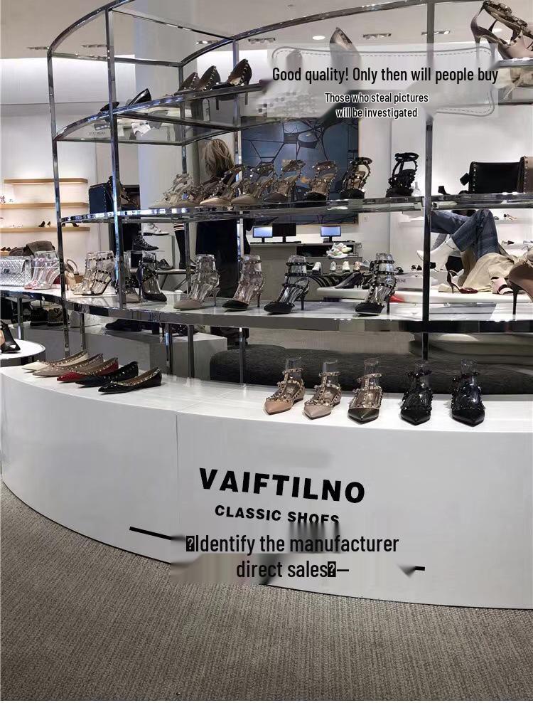 2024 Summer Mid-Heel Nude Pointed-Toe Studded Peep-Toe Chunky Heel Backless Sandals for Women