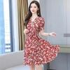 Summer new women's clothing French V-neck floral short-sleeved small slim red skirt chiffon dress