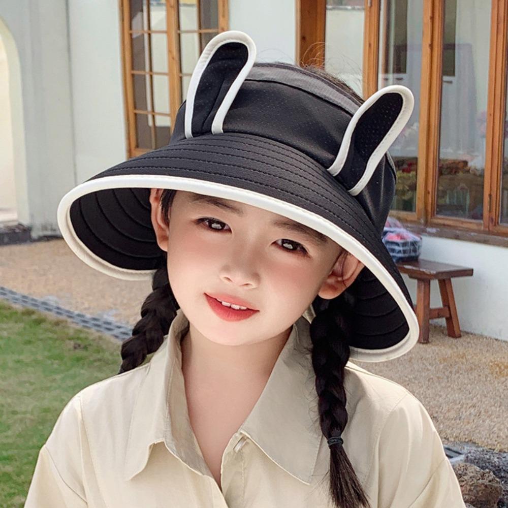 

Empty Top Rabbit Ear Sunhat Korean Style Children Fishman Hat Sweet Wide Brim Peaked Cap Summer чорний