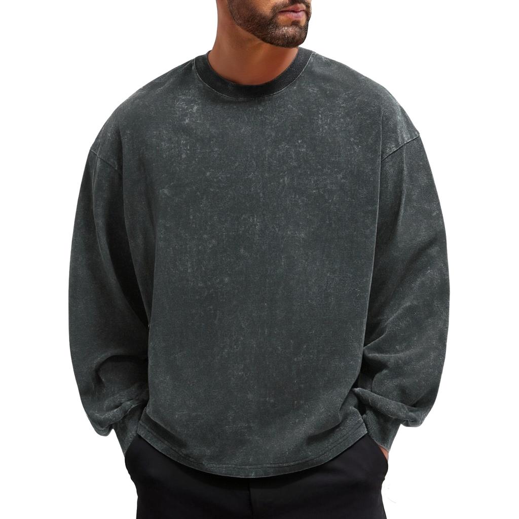 Men's And Women's Casual High-weight Washed Distressed Long-sleeved Men's Off-the-shoulder Retro Loose Round-neck All-cotton Top