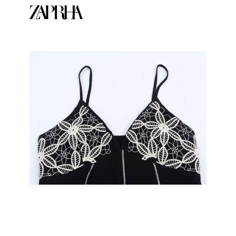 Zaprha 2025 New Arrival Pure Desire Sexy Embroidery V-neck Strap Midi Skirt Dress Waist-Tight Slim Looking 3897112