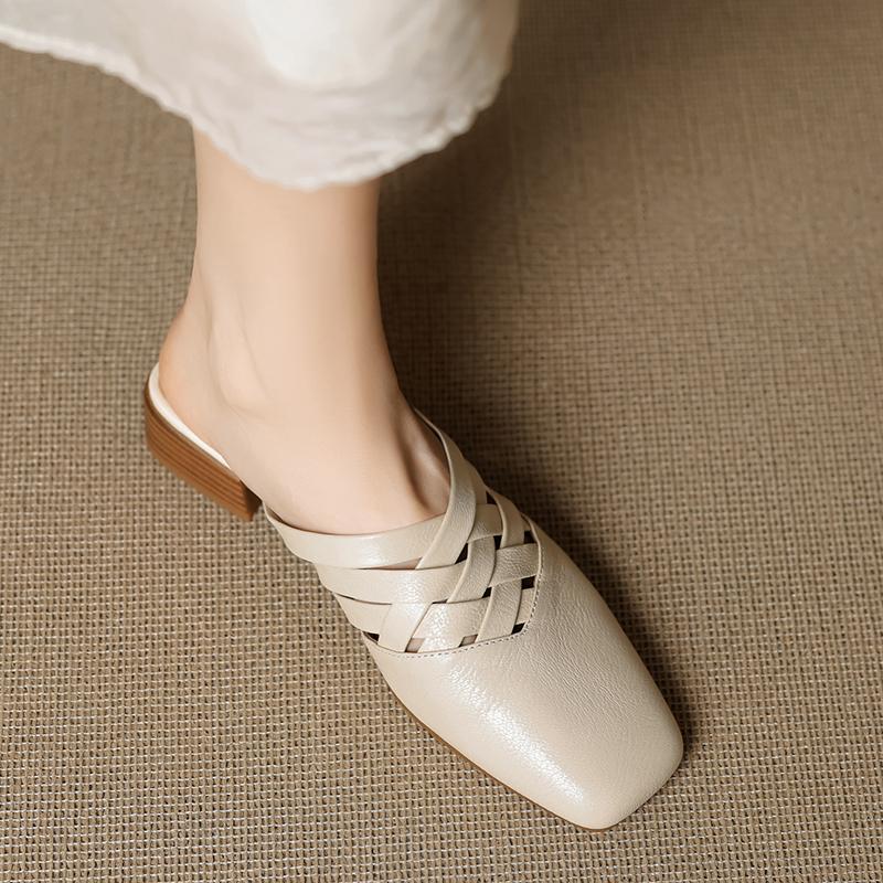 Fashion 2025 Summer New Genuine Leather Retro Semi-drag Mueller Slippers Woman Women's Low-heel Square Toe Casual Shoes Women Slippers