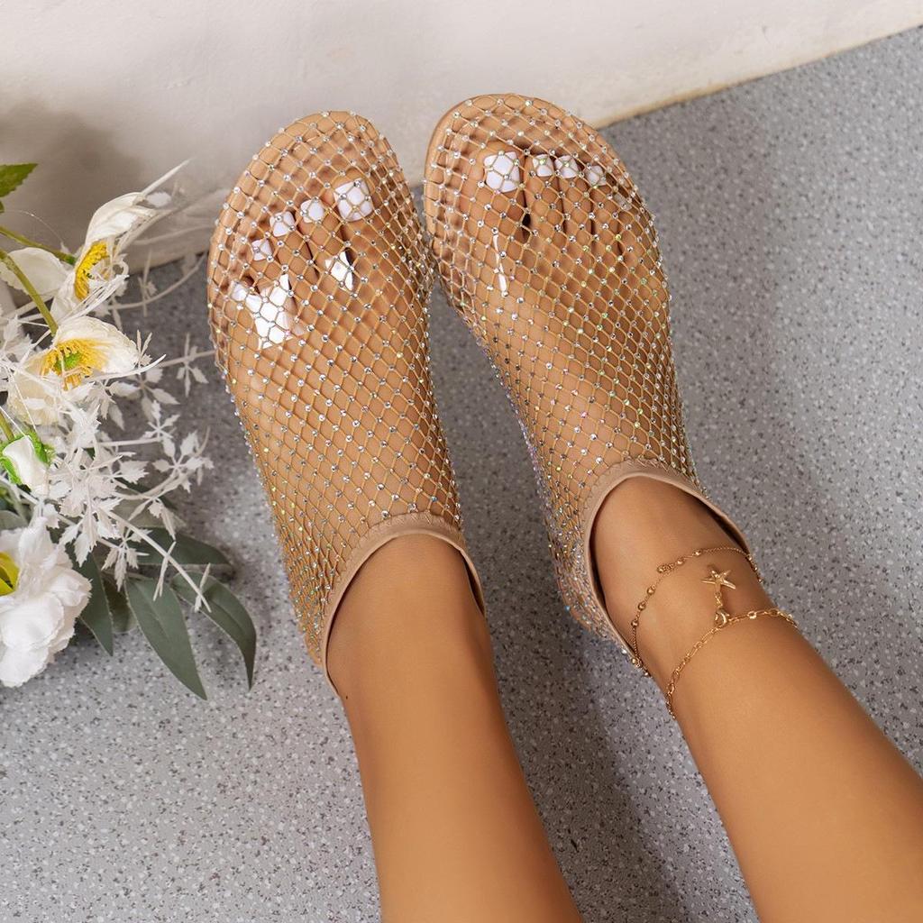 Sommer-Sandalen mit runder Spitze, hohles Netz, Diamant-Kurzstiefel – sexy, große Größe, flache Schuhe