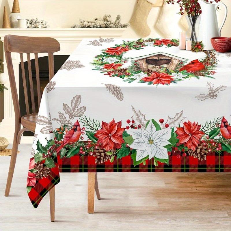 Christmas Poinsettia Floral Bird Waterproof Tablecloth Table Decor Winter Holiday Kitchen Dining Tablecloth Christmas Decoration