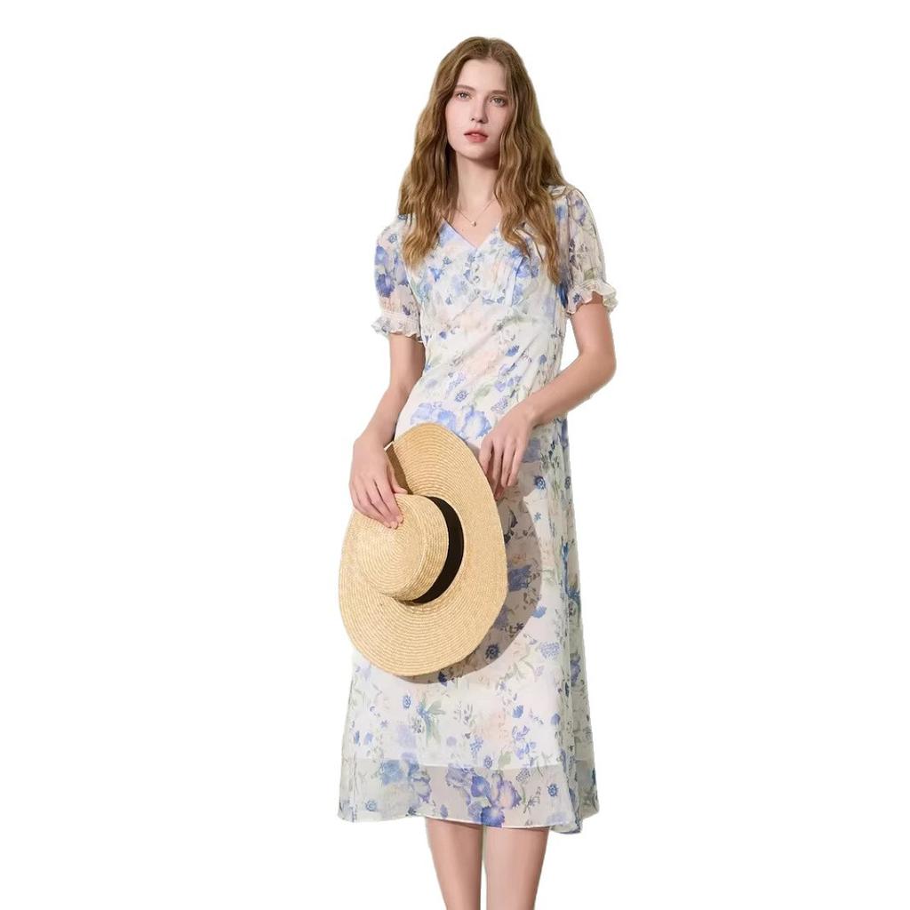 Fashion French medium and long dress New floral romantic commute light and familiar style blue dress in summer