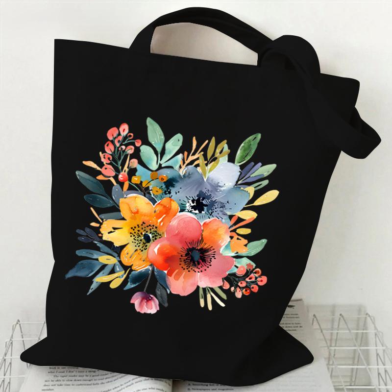 Elegant Wildflowers Aesthetic Canvas Handbag Reusable Floral Shopping Tote Bag for Women