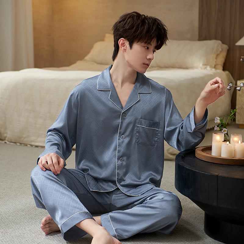 Pajamas men's spring and autumn ice silk long-sleeved men can wear high-end casual and comfortable silk loungewear suit large size