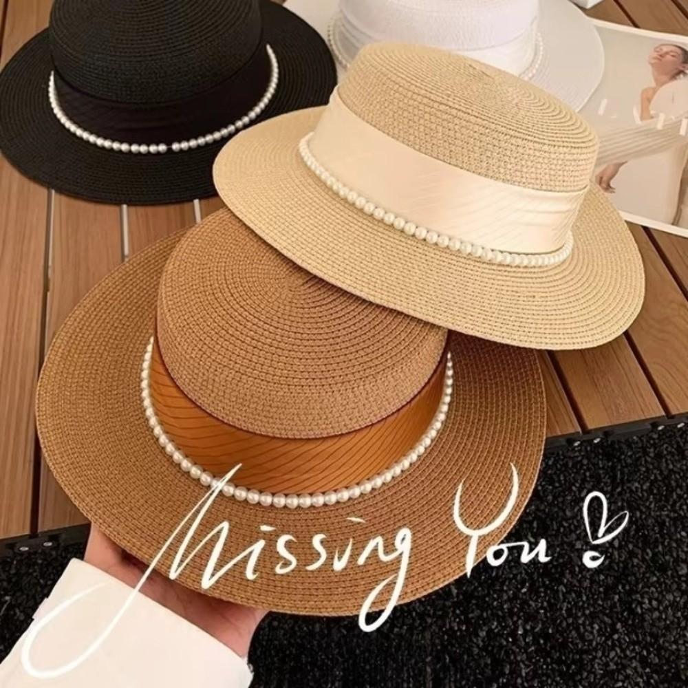 French Hepburn Style Straw Hat Straw Weaving UV Protection Flat Sun Hat Solid Color Breathable Pearl Chain Hat Travel Accessory