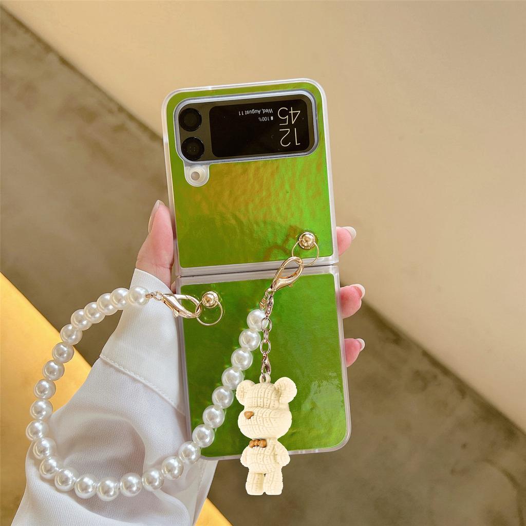 Für Samsung Galaxy Z Flip 4 5g Luxus Aurora Bunte Hülle mit Perlenkette Bär Anhänger Laser Gradient Bling Anti-Drop Cover