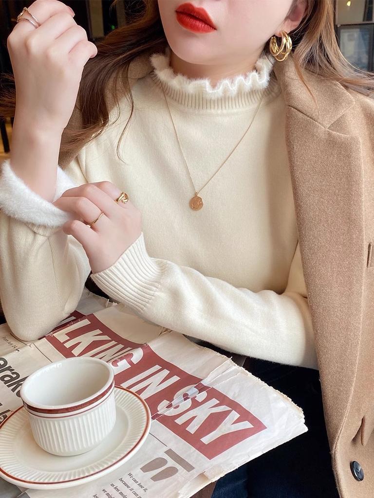 Semi-turtleneck Integrated Fleece Inner Top Women's Fungus Edge Knitted Sweater Autumn and Winter New High-end Bottoming Shirt