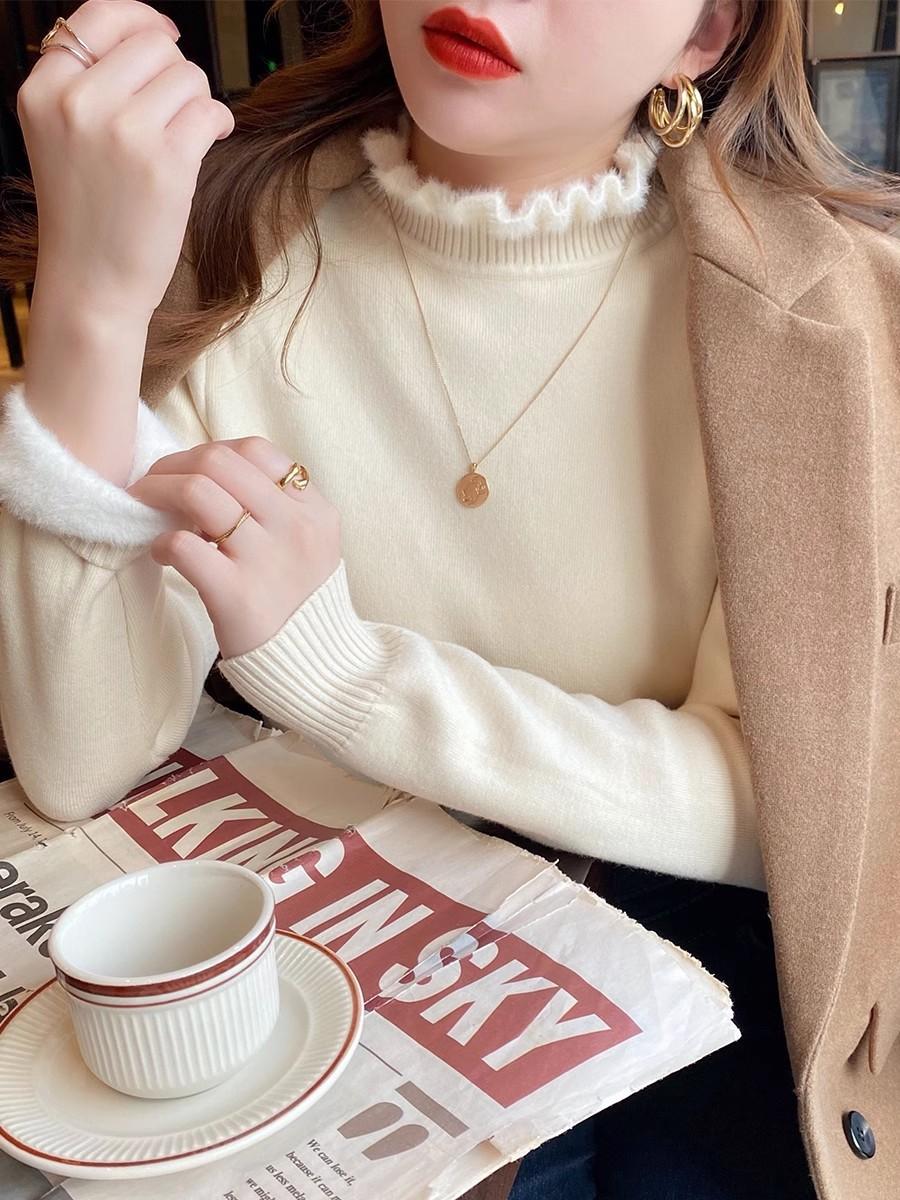 

Semi-turtleneck integrated fleece inner top women s fungus edge knitted sweater autumn and winter new high-end bottoming shirt XL абрикосовий