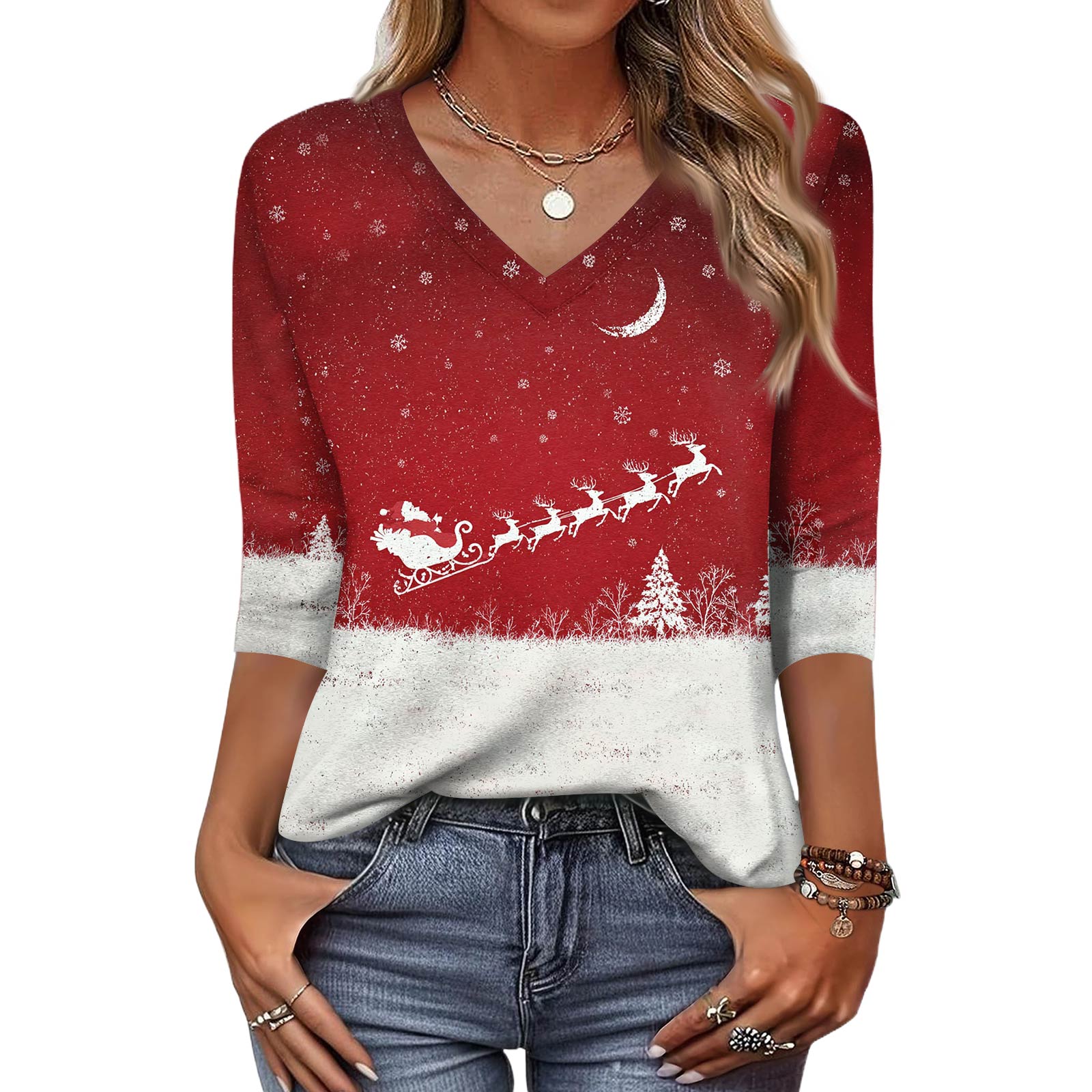 

Trendy Vintage 3/4 Sleeve Top For Women,Ladies Casual Three Quarter Sleeve V-neck Printed T-Shirt Blouse XL Кіновар