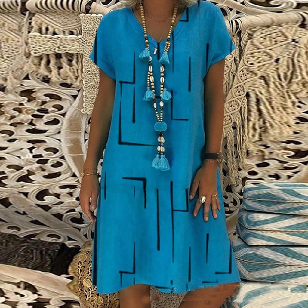 Folded Line Printing Loose Pullover Princess Dress V-neck Ladies Dress