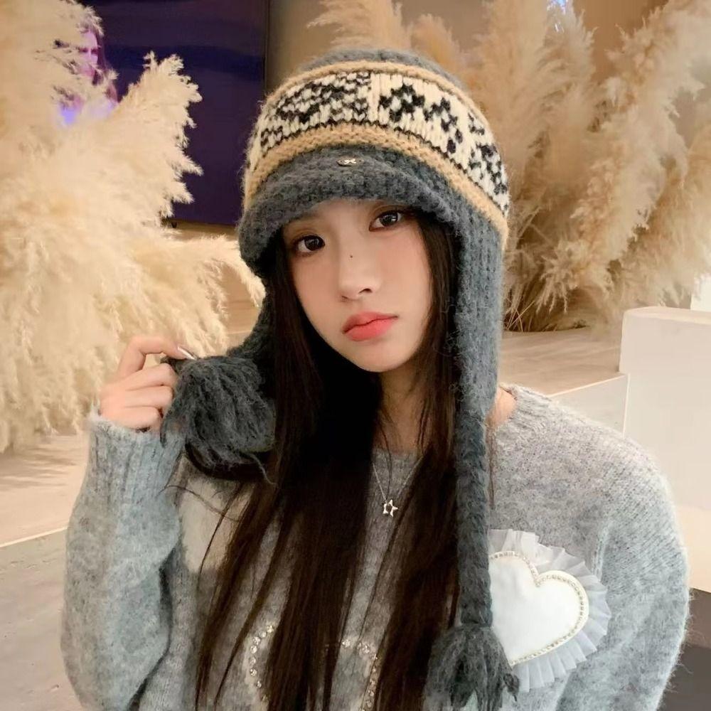 Woolen Jacquard Knitted Hat Tassel Ear Cap Fashion Lei Feng Cap Autumn