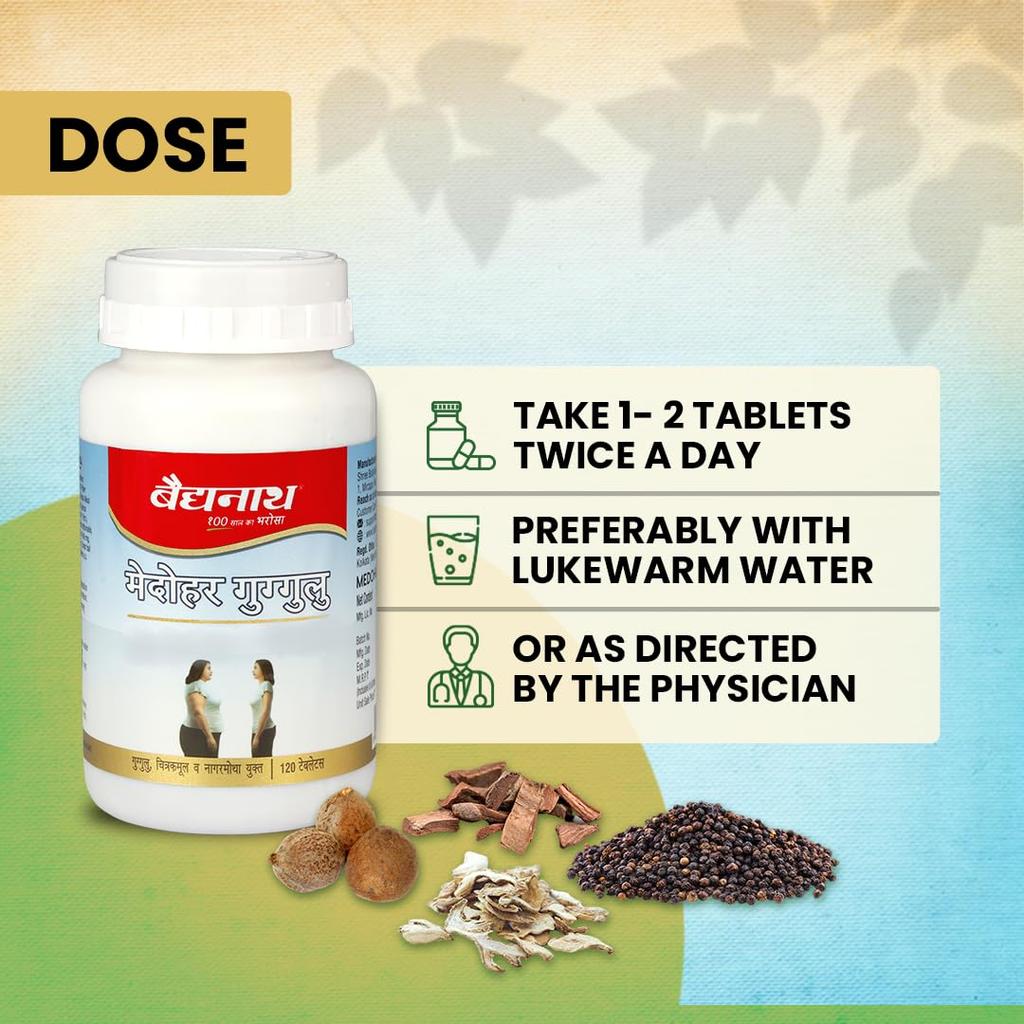 Baidyanath Medohar Guggulu Tablets 120 Tab Pack of 2 Natural Ayurvedic Weight Management Supplement