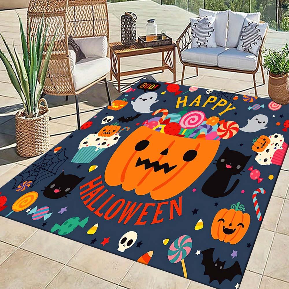1pc Halloween Pumpkins and Candies Area Rug, Slip-Resistant, Easy-Clean, Stain-Resistant, Perfect for Cozy Living Rooms, Bedrooms, Kitchens,
