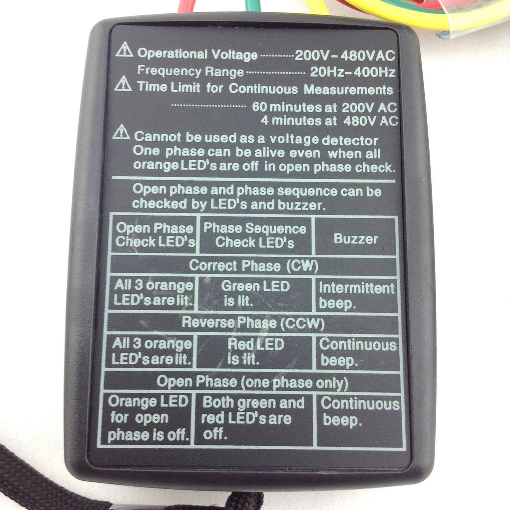 Three-phase phase tester with LED, buzzer, and case. Suitable for use with transformers, inverters, circuit breakers, outlets, cords, extension cords,