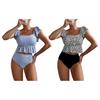 2-teiliges/Set Damen Badeanzug-Set eckiger Ausschnitt Rüschen Kappenärmel gestreifter Druck Oberteile hoch taillierte Badehose Bademode-Set