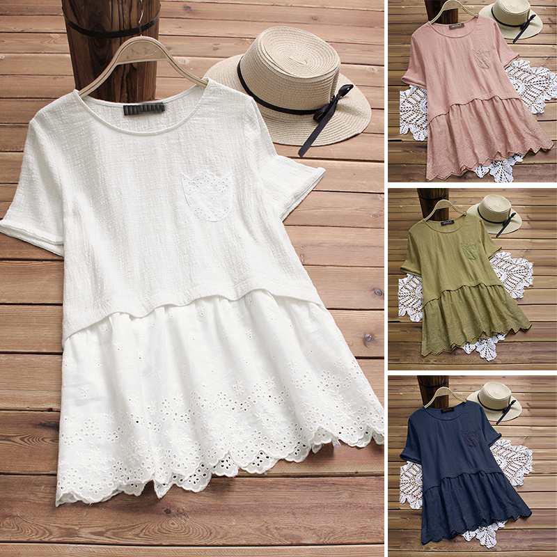 Buy Summer Women Round Neck Dress Loose Casual Solid Color Short Sleeve ...