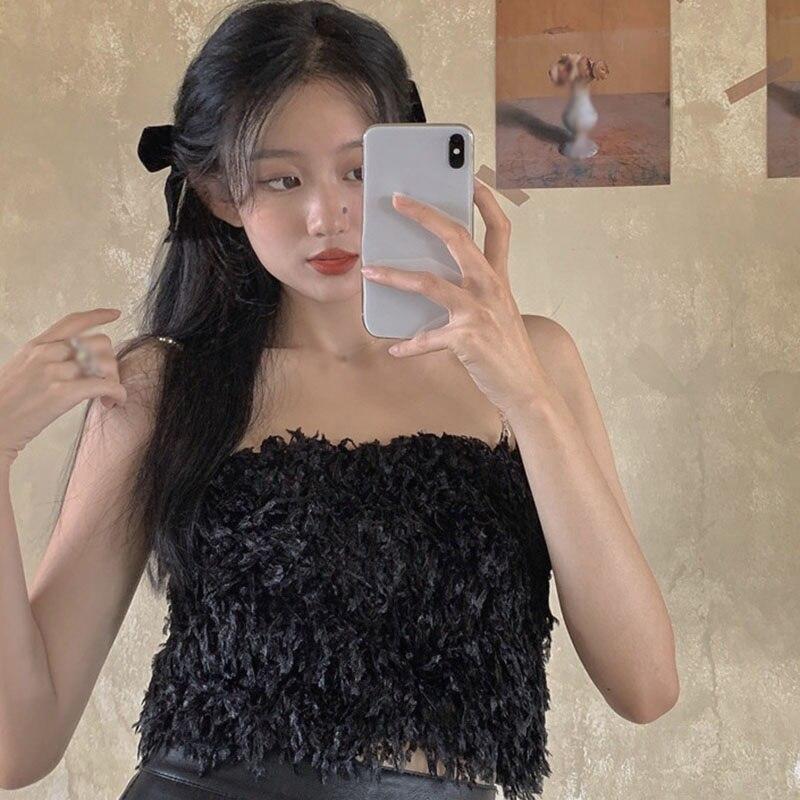 Dámská krátká vesta Sexy trubkový top Svrchní oblečení Kamizola Dámská Slim Ramínka Jednobarevná Volná velikost Peří