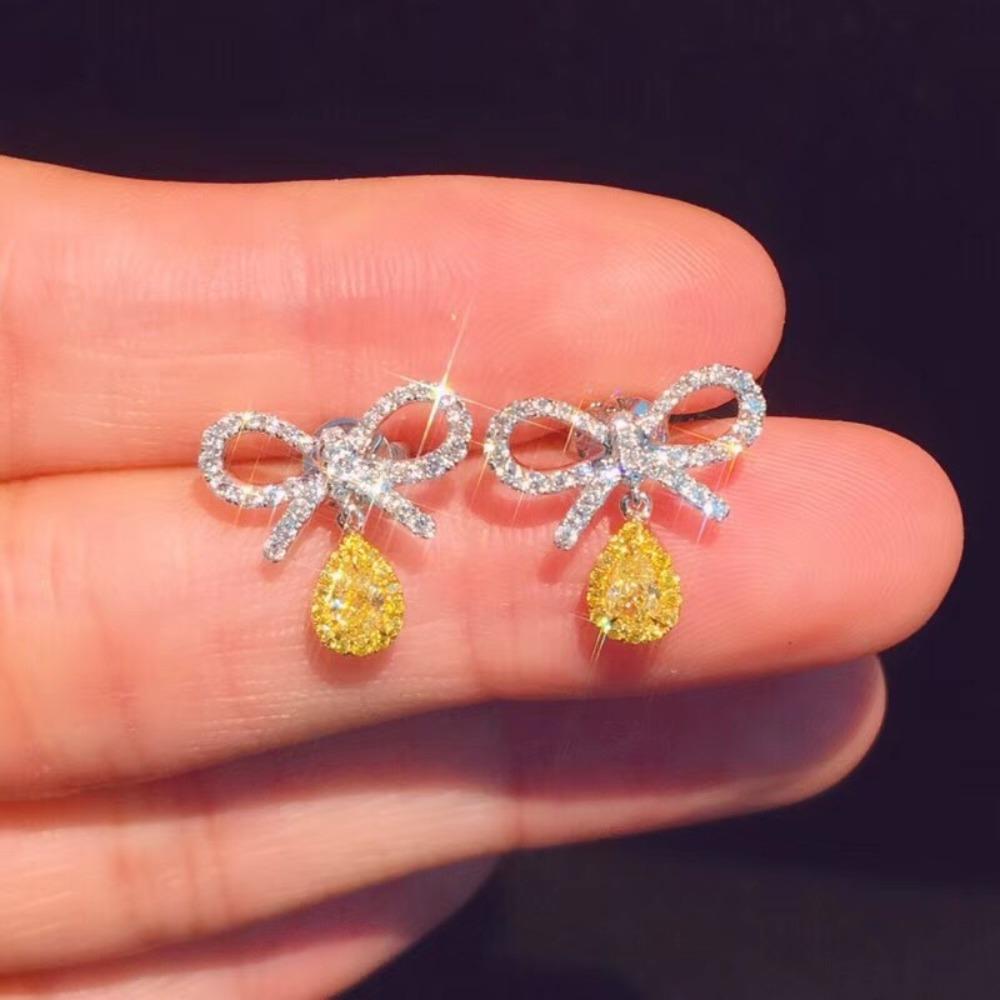 Elegant Bow Pink Diamond Earrings with Pear Shaped Yellow Zircon Drops for Women