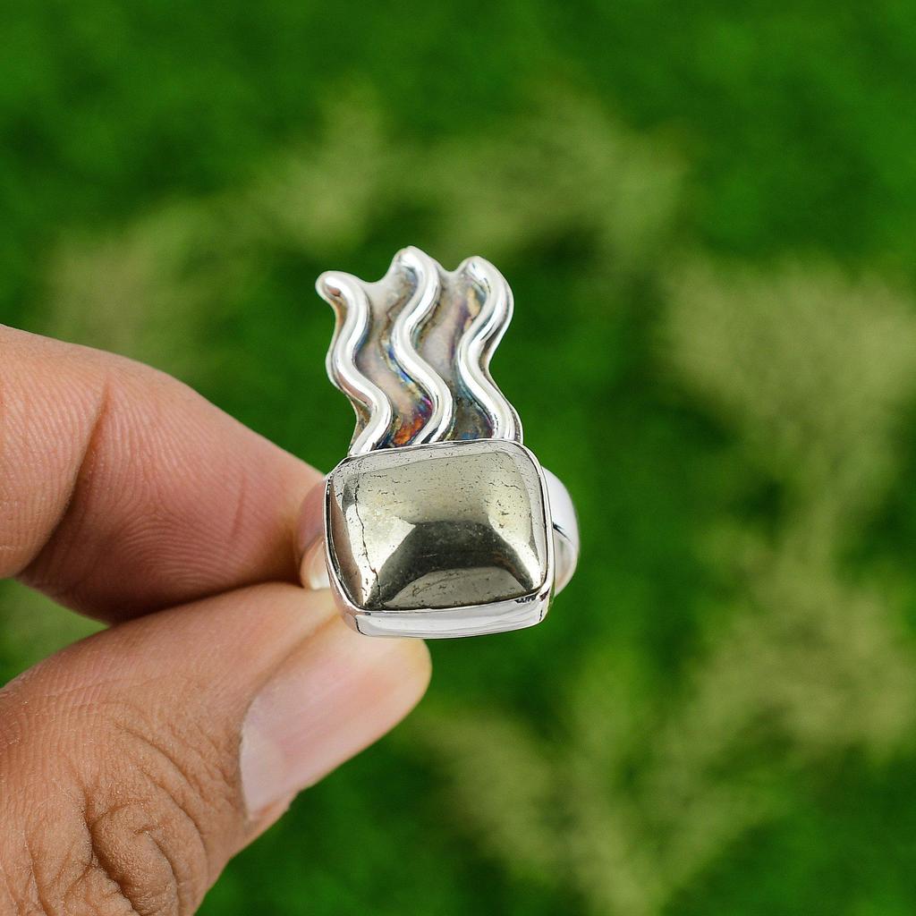 Natural Pyrite Gemstone 925 Sterling Silver Stackable Ring Size 8.75 For Women