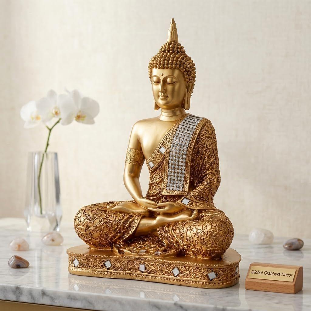 New 25 Centimetre Meditating Sitting Buddha Statue showpiece Idol Home Decor Items for Living Room and Gifts (Golden2)