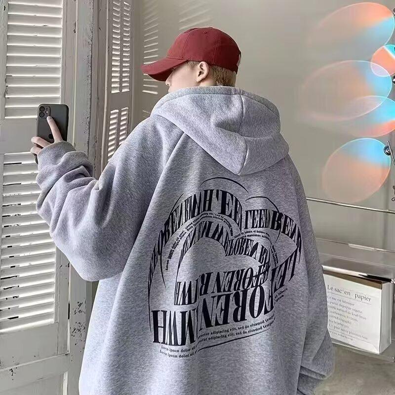 Hooded sweater men's autumn and winter American high street velvet heavy cardigan jacket spring and autumn ins trendy brand loose top