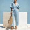 Women’s V Neck Short Sleeve Jumpsuit with Adjustable Waist Tie Loose Fit Wide Leg Romper Casual Wear