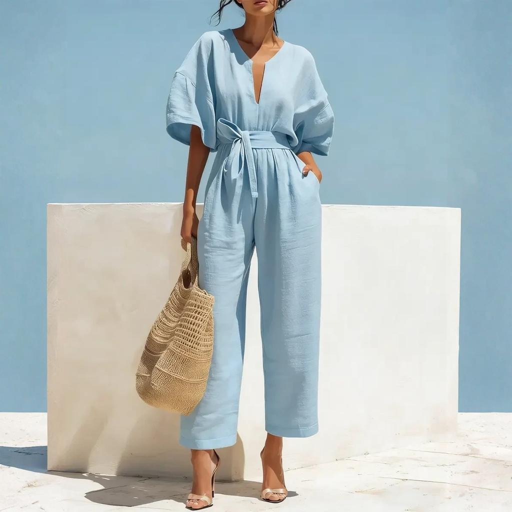Women’s V Neck Short Sleeve Jumpsuit with Adjustable Waist Tie Loose Fit Wide Leg Romper Casual Wear