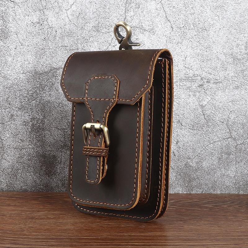 Men's Mobile Phone Bag, Crazy Horse Leather Waist Bag, Outdoor Sports Construction Site Top Layer, Yellow Cowhide Vertical Pants Waist Hanging Bag