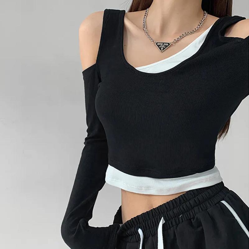 WTEMPO Tricouri patchwork pentru femei False din două piese cu mânecă lungă Y2K Topuri decupate Cămăși subțiri pentru femei Streetwear Clubwear