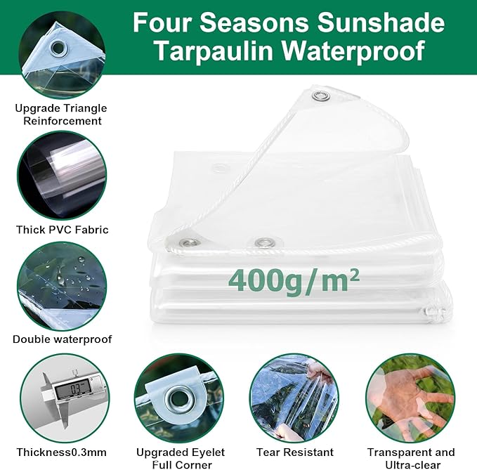 Tarpaulin, Waterproof, Heavy-Duty, Improved Resistant PVC, Transparent, Thick 400 G/M², For Outdoor