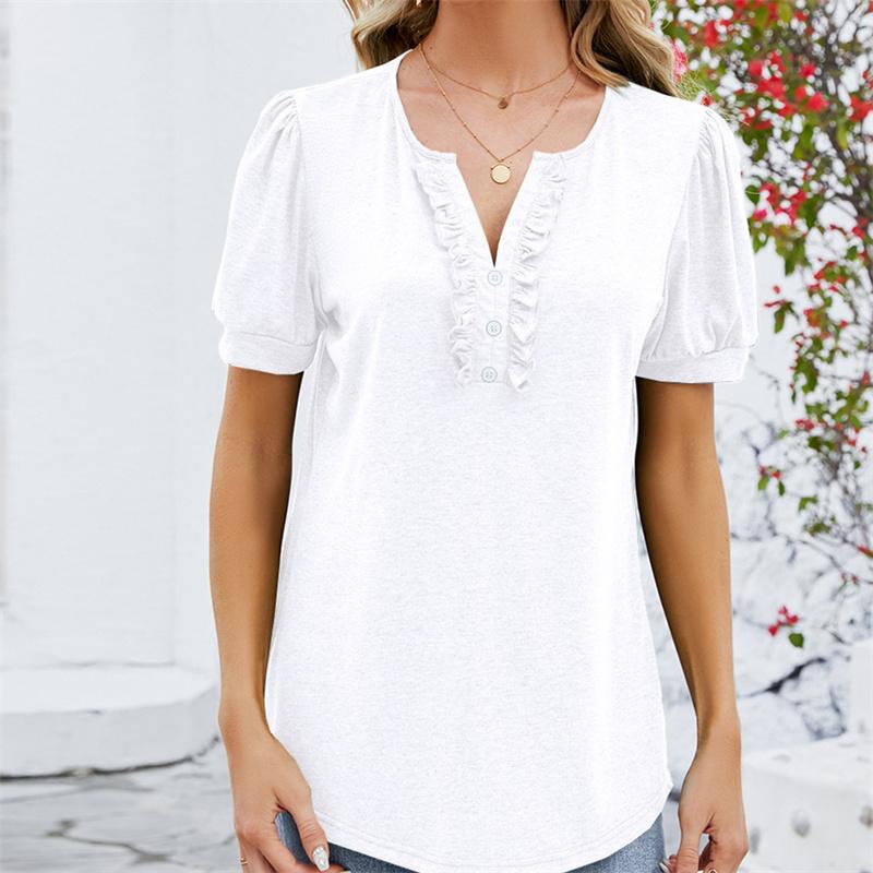 

Весенне-летние футболки, однотонный женский топ, модная футболка с v-образным вырезом и пуговицами, деревянная футболка с короткими рукавами и краями ушей M белый