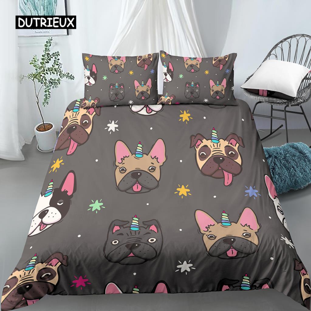 Ensemble Housse de Couette Chien Dessin Animé Imprimé Carlin Drôle Ensemble de Literie King Size pour Enfants Garçons Filles Thème Animal 2/3 pièces Housse de Couette Twin
