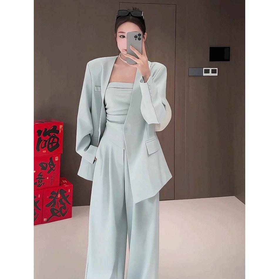 Autumn 2026 New High-end Korean Two-piece Set Niche Suit Jacket Vest Top Wide-leg Pants Set Women