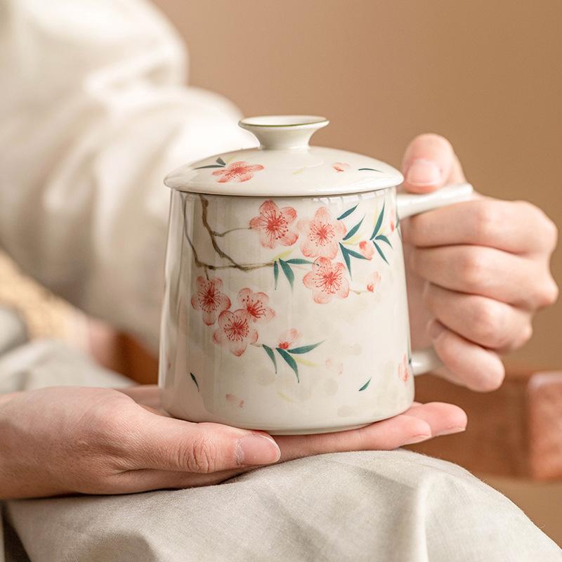 Hand-painted Peach Blossom Ceramic Mug with Lid Coffee Milk Water Cup Household Tea Cup Office Drinkware