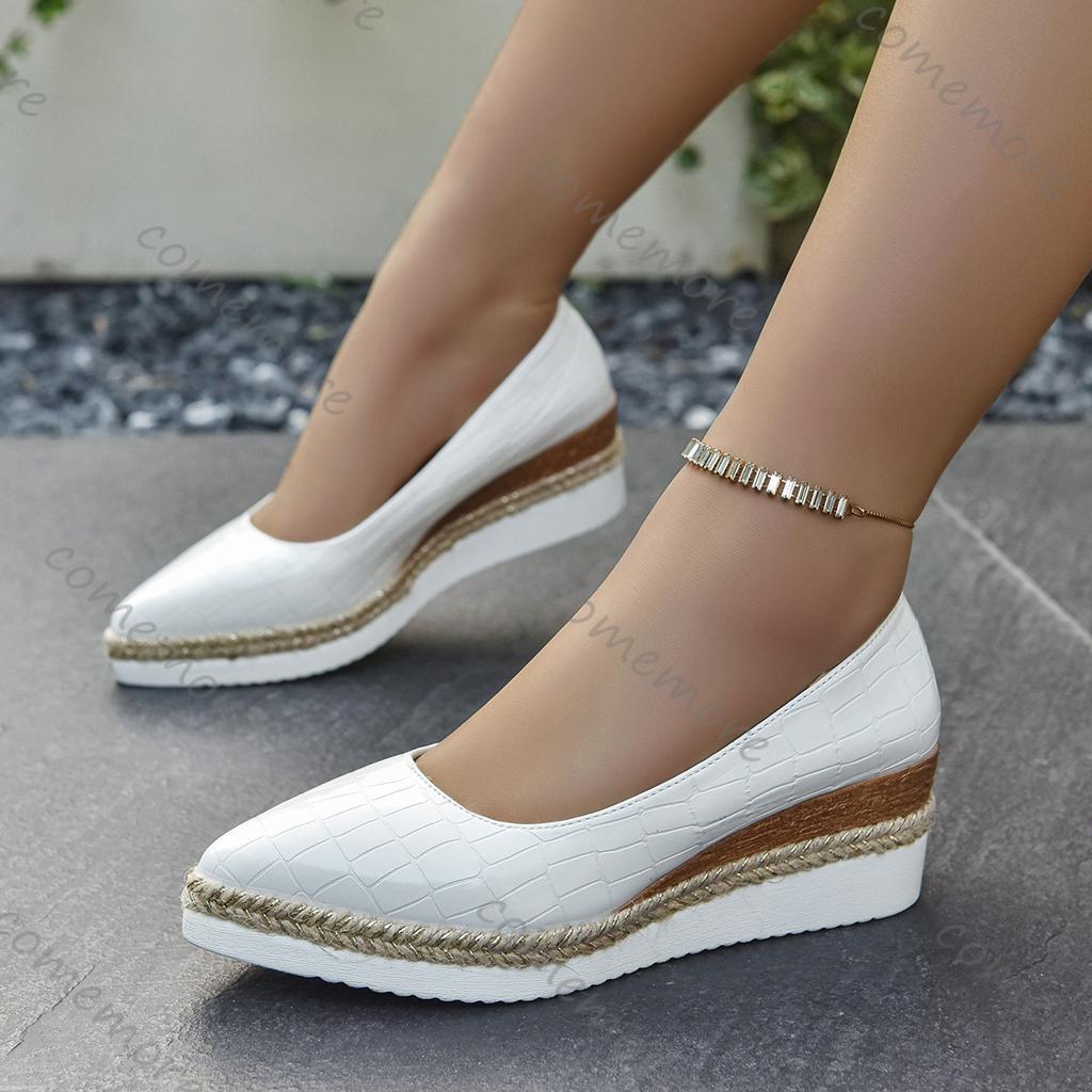 Fashion Comemore New Style Woven Hemp Rope Platform Women Single Shoes Casual Slip On Pointed Toe Wedge High Heels Pumps Shoes for Women