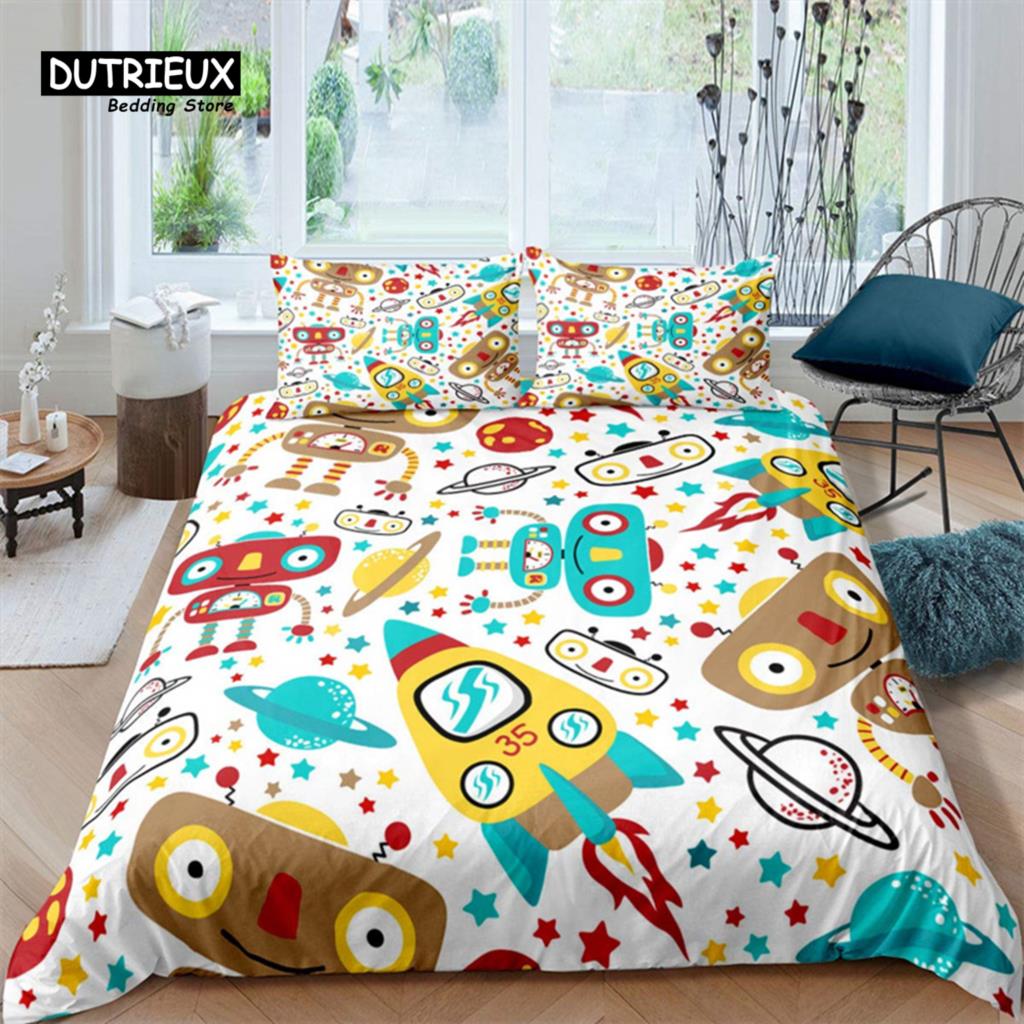 Robot Duvet Cover Set Cartoon Space Robot Bedding Set Patchwork Transformer Futuristic Machine Comforter Cover Twin Full For Boy