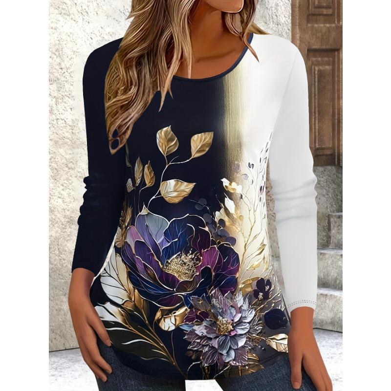 Fashion Floral 3D Print Crew Neck Long Sleeve T-Shirt Fashion Pattern Women Clothing Casual Y2k Clothes Harajuku Female Clothing Tops