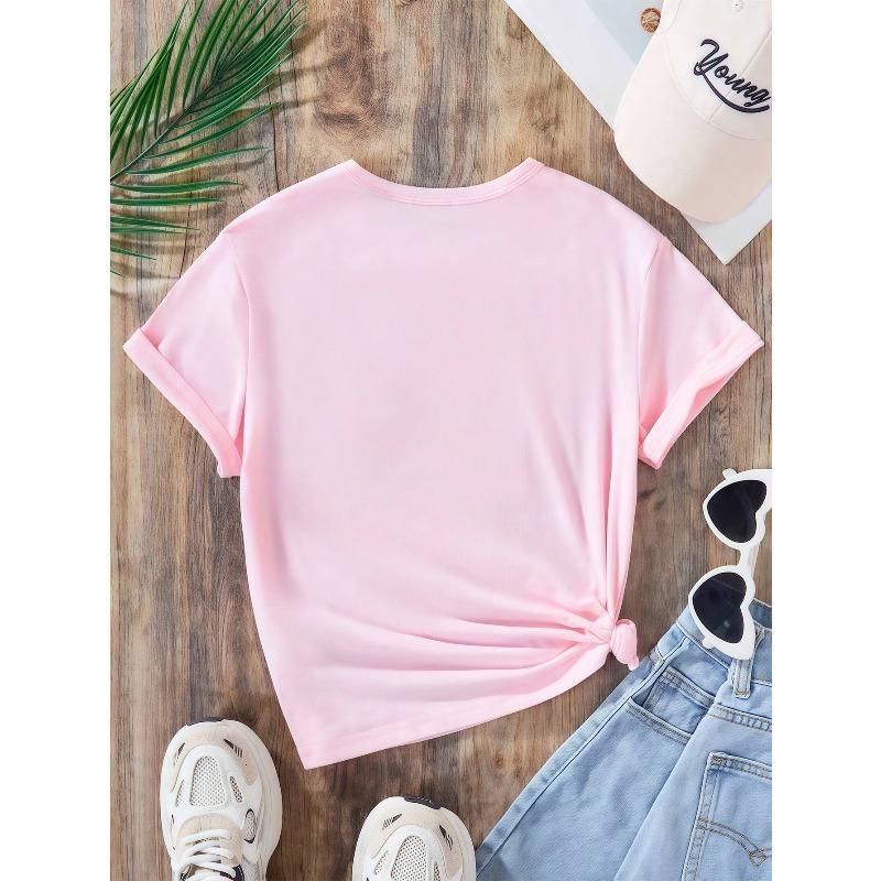 European sizes Girl's Round Neck T-Shirt with Fresh Pink Floral Pattern, Comfortable Casual Style, an Excellent Choice for a Natural Look
