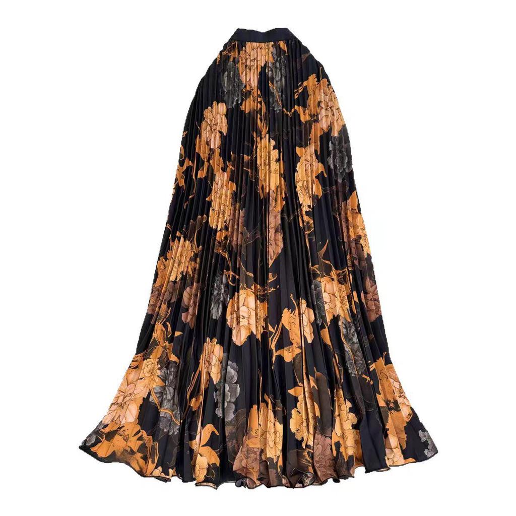 Women's High-Waisted Chinese Ink Print Pleated Midi Skirt