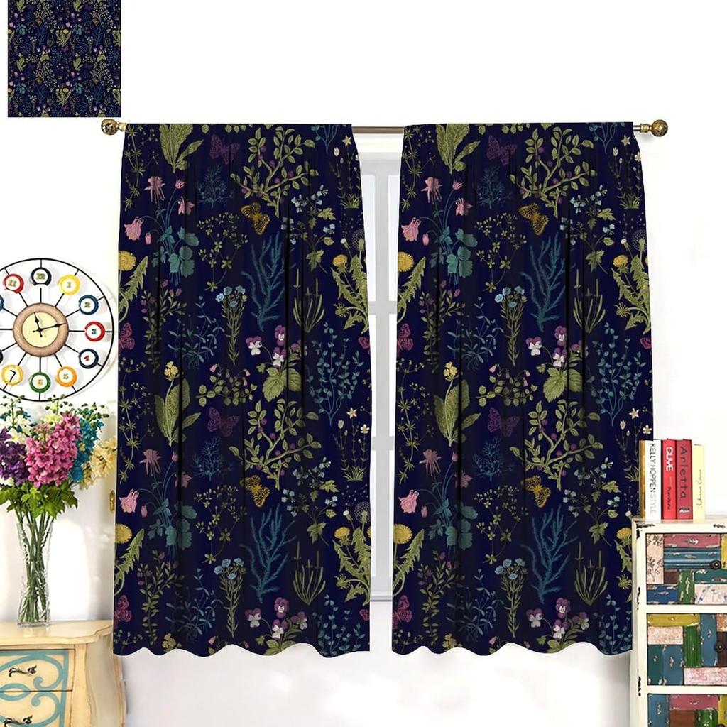 Rustic Farmhouse Plant Floral Blackout Curtains, Watercolor Flowers Botanical Butterfly Window Drapes Treatment, for Bedroom Liv