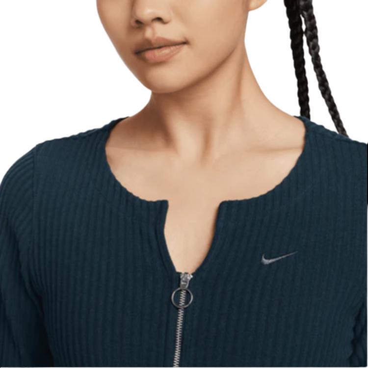 Nike Solid Color Comfortable Slim Fit Full Zip Ribbed Knit Sweater Women sweater Navy-Blue FN3683-478