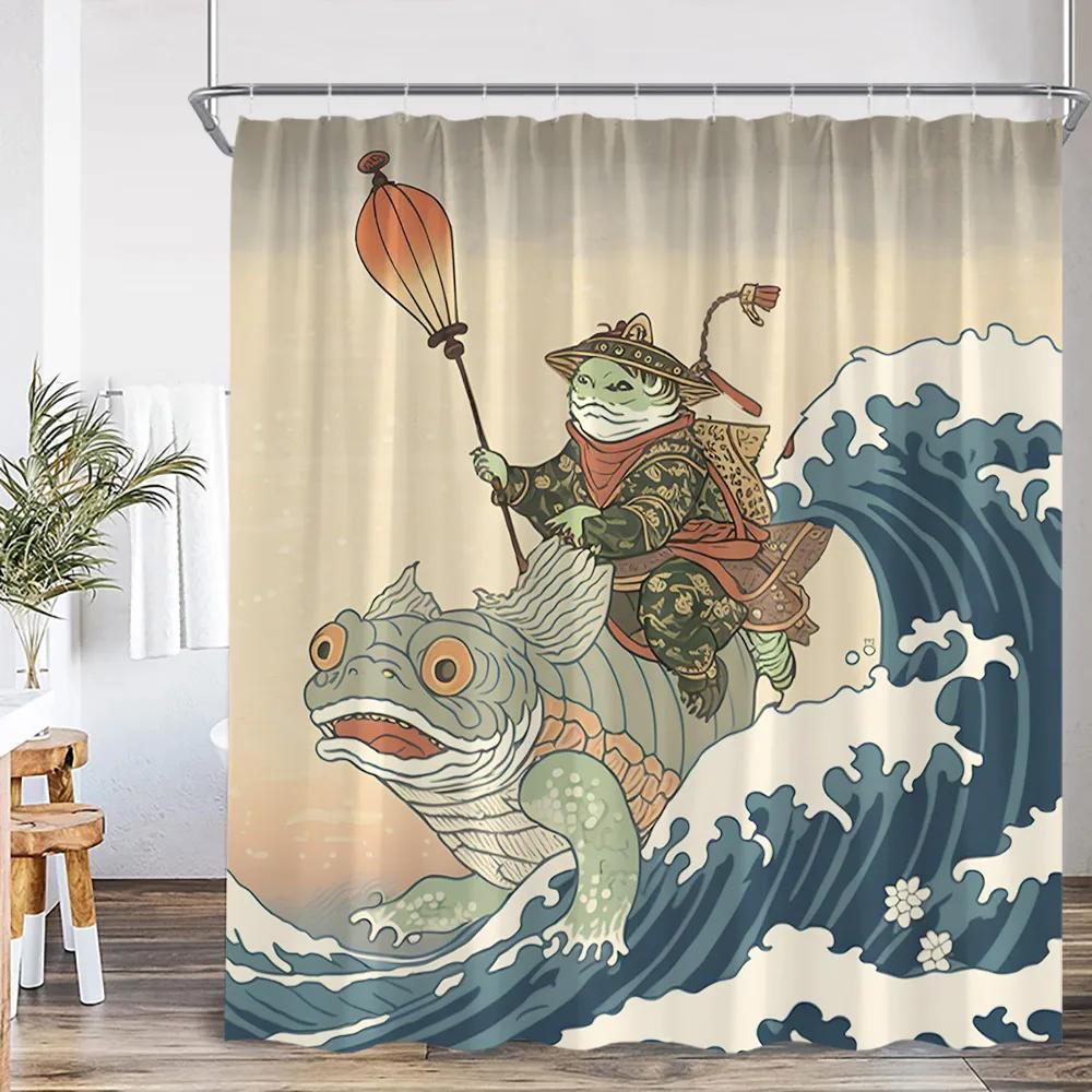 Japanese Style Shower Curtains Toad Master Frog Sea Waves Koi Cherry Blossom Bathroom Decorations Vintage Japan Bath Curtain